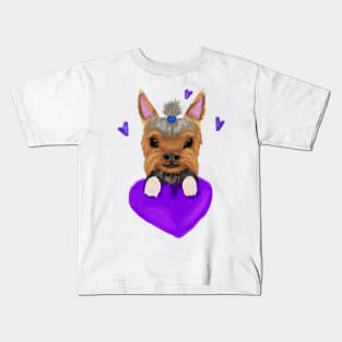 Yorkie with purple heart Kids T-Shirt